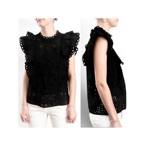 Veronica Beard Black Coquette Eyelet Ruffle Blouse Cotton Scallop Lace Sz 0 NWOT